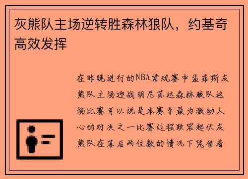 灰熊队主场逆转胜森林狼队，约基奇高效发挥